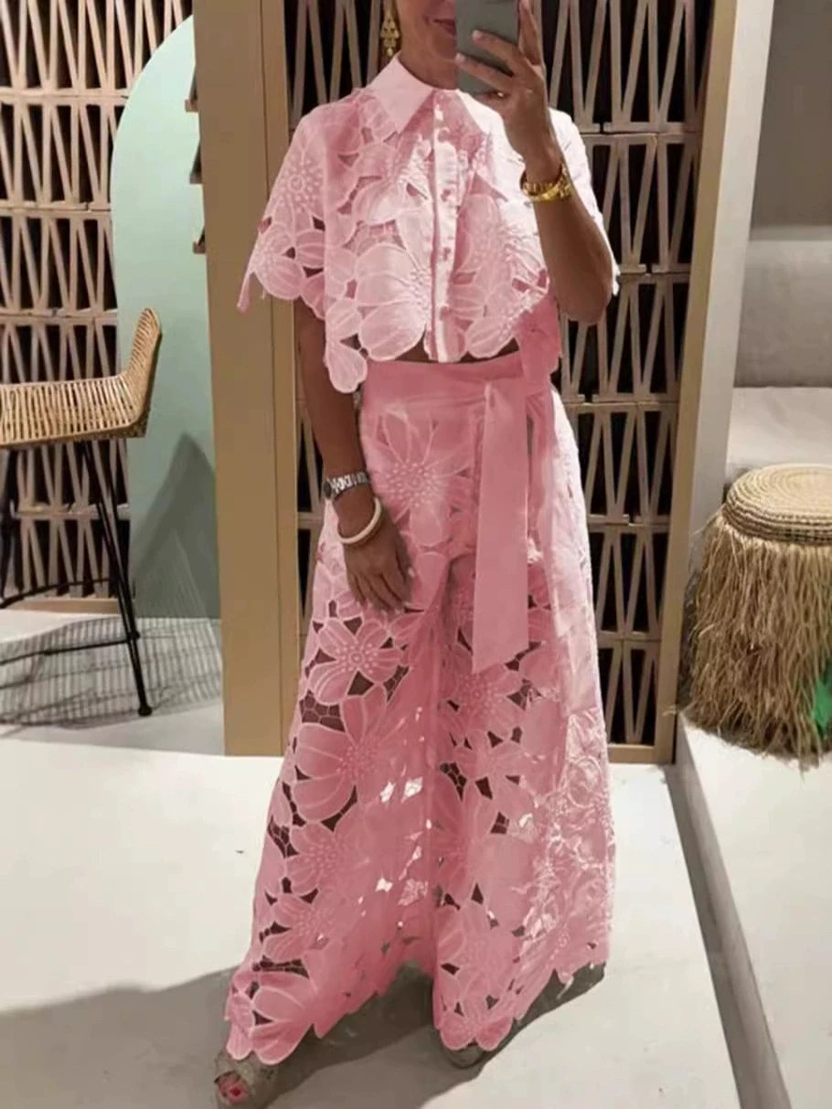Chiara Completo Elegante in Pizzo Estivo roze