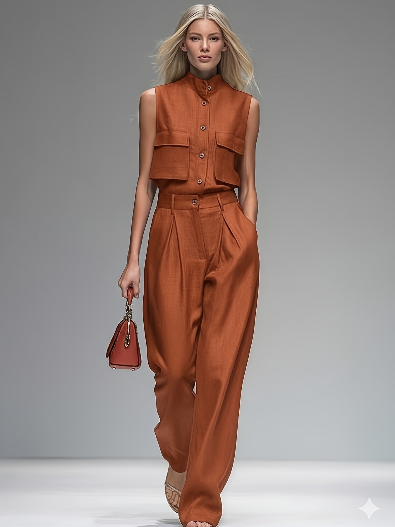 Zomer Nieuwe Effen Kleur Set: Mouwloze Staand Kraag Top + Wijde Broek 2-delige Set