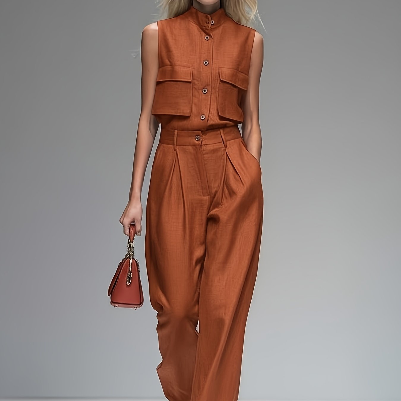 Zomer Nieuwe Effen Kleur Set: Mouwloze Staand Kraag Top + Wijde Broek 2-delige Set