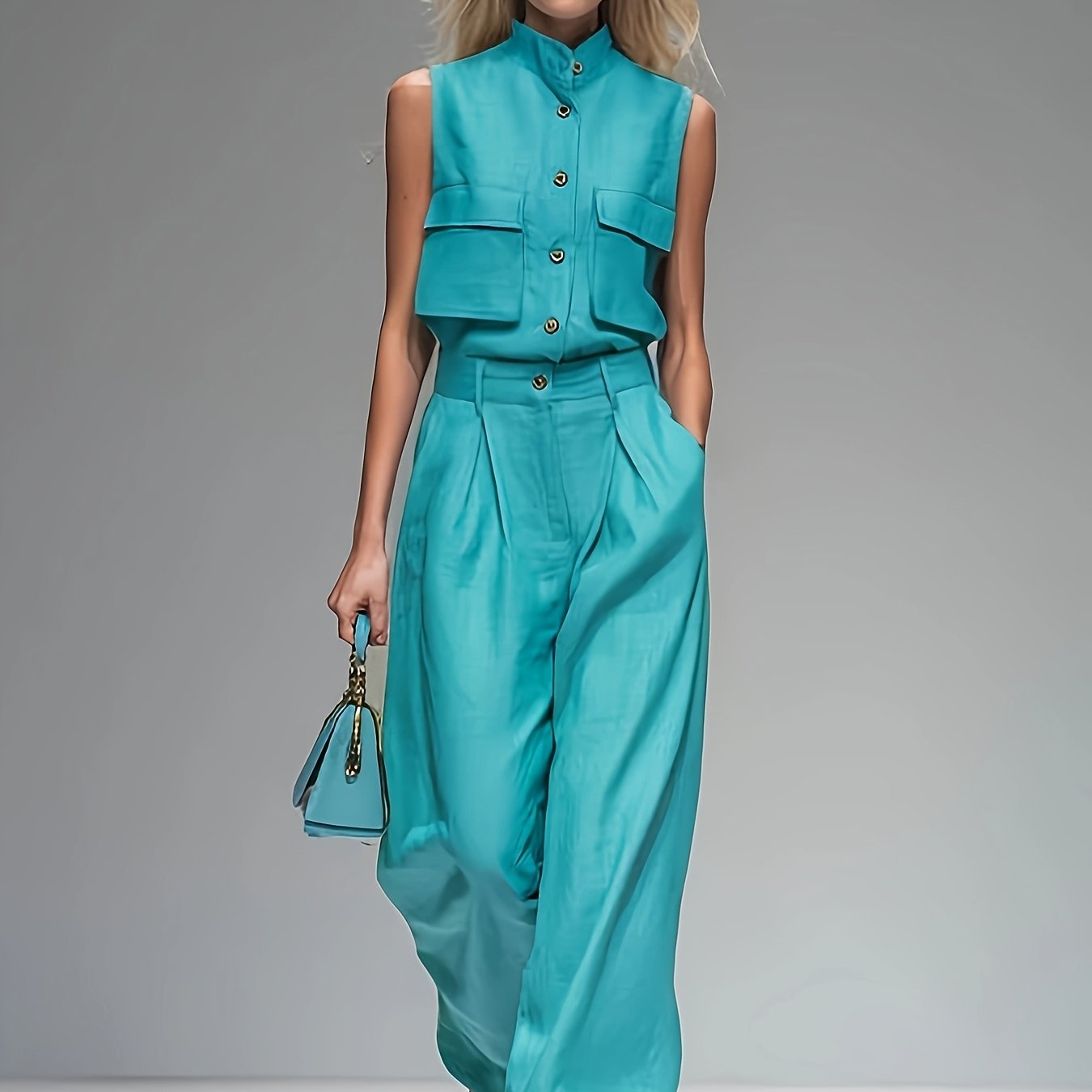 Zomer Nieuwe Effen Kleur Set: Mouwloze Staand Kraag Top + Wijde Broek 2-delige Set