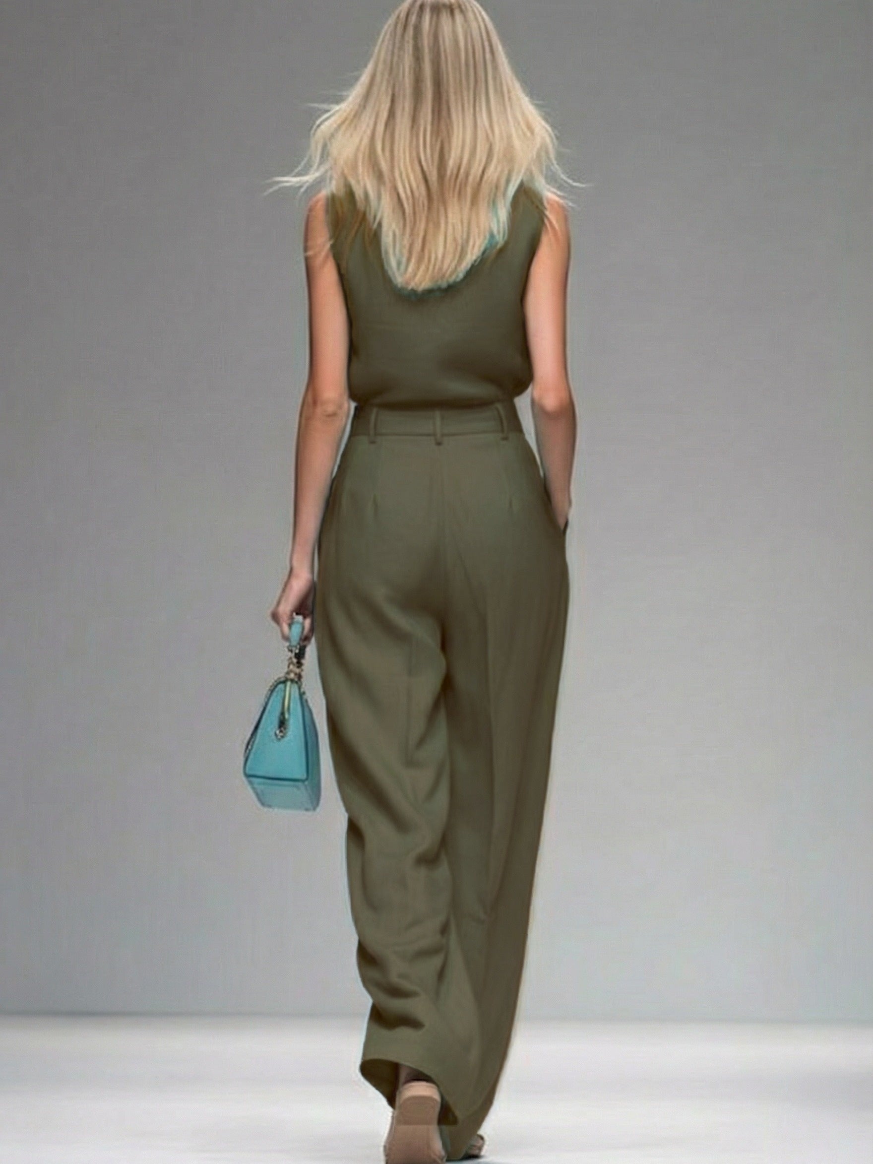 Zomer Nieuwe Effen Kleur Set: Mouwloze Staand Kraag Top + Wijde Broek 2-delige Set