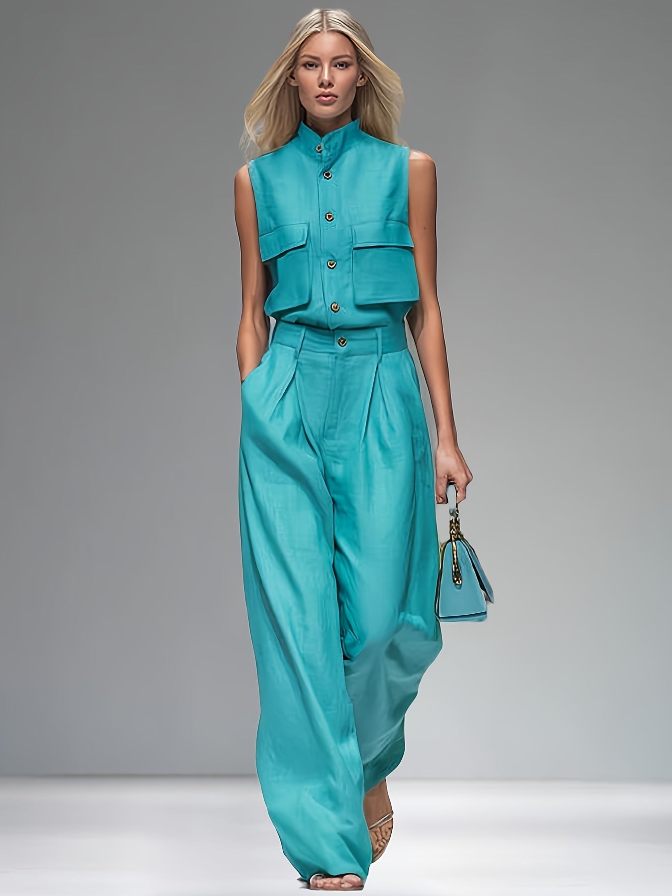 Zomer Nieuwe Effen Kleur Set: Mouwloze Staand Kraag Top + Wijde Broek 2-delige Set