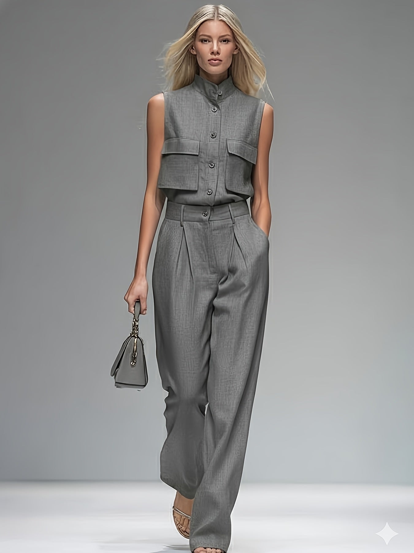 Zomer Nieuwe Effen Kleur Set: Mouwloze Staand Kraag Top + Wijde Broek 2-delige Set