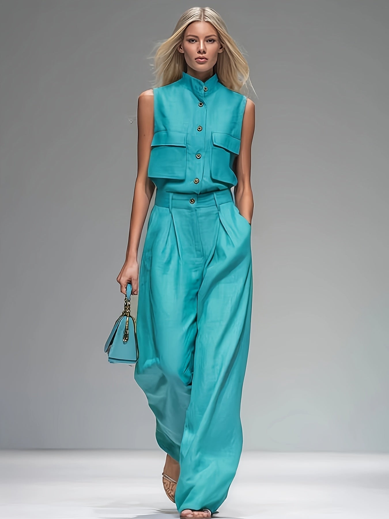 Zomer Nieuwe Effen Kleur Set: Mouwloze Staand Kraag Top + Wijde Broek 2-delige Set