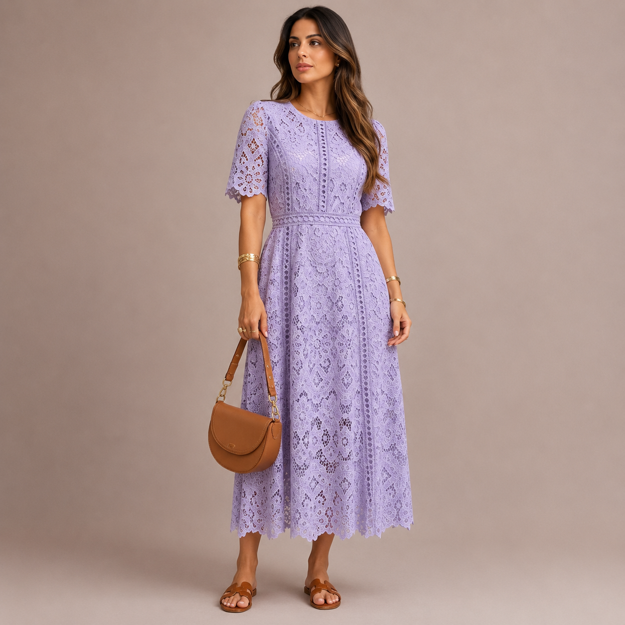 Luna Abito Midi in Pizzo Lilla Elegante